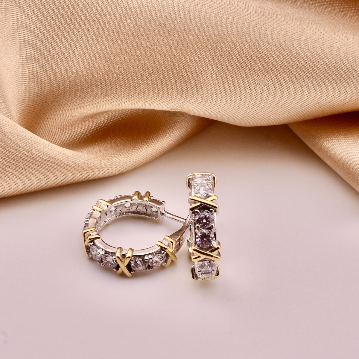 Sterling Silver 925 CZ Hoop Gold Plated Earrings "Belle" - Silver Image 2