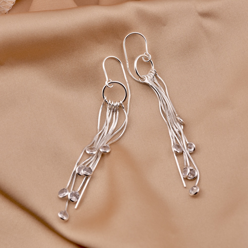 Sterling Silver 925 CZ Dangle Drop Threader Earrings "Lumina" - Silver Image 2