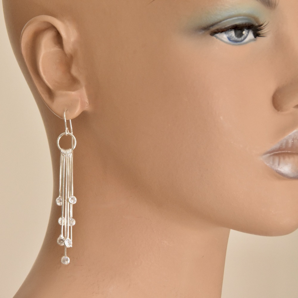 Sterling Silver 925 CZ Dangle Drop Threader Earrings "Lumina" - Silver Image 3