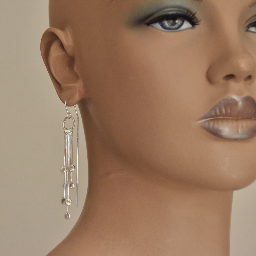 Sterling Silver 925 CZ Dangle Drop Threader Earrings "Lumina" - Silver Image 4