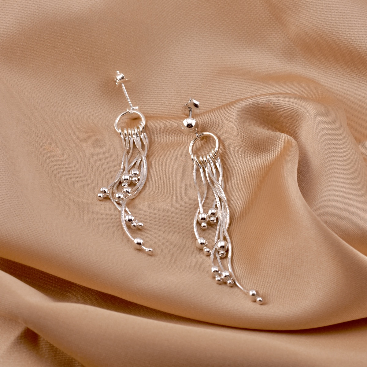 Sterling Silver 925 Chain Dangle Stud Earrings "Tassel" - Silver Image 2