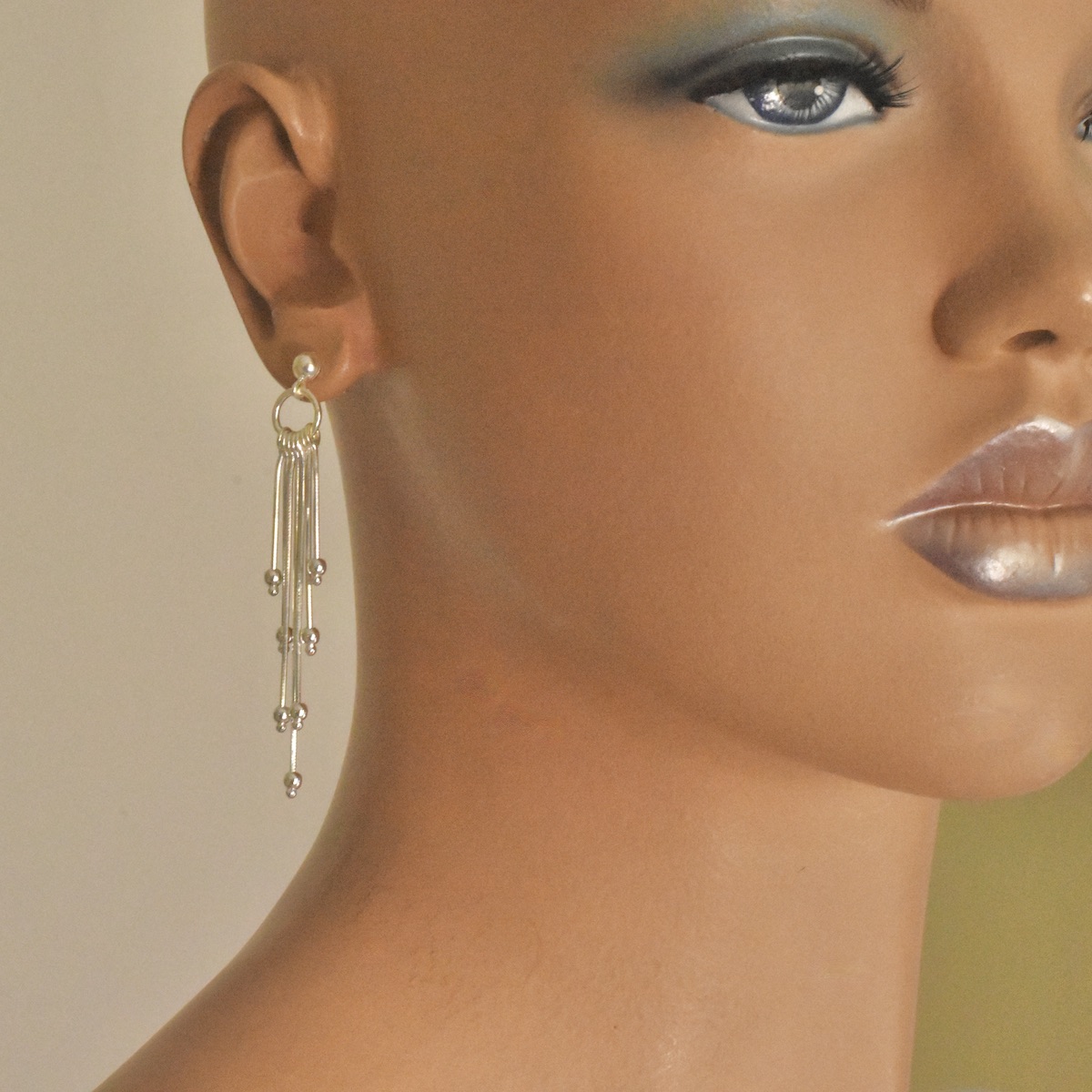 Sterling Silver 925 Chain Dangle Stud Earrings "Tassel" - Silver Image 3