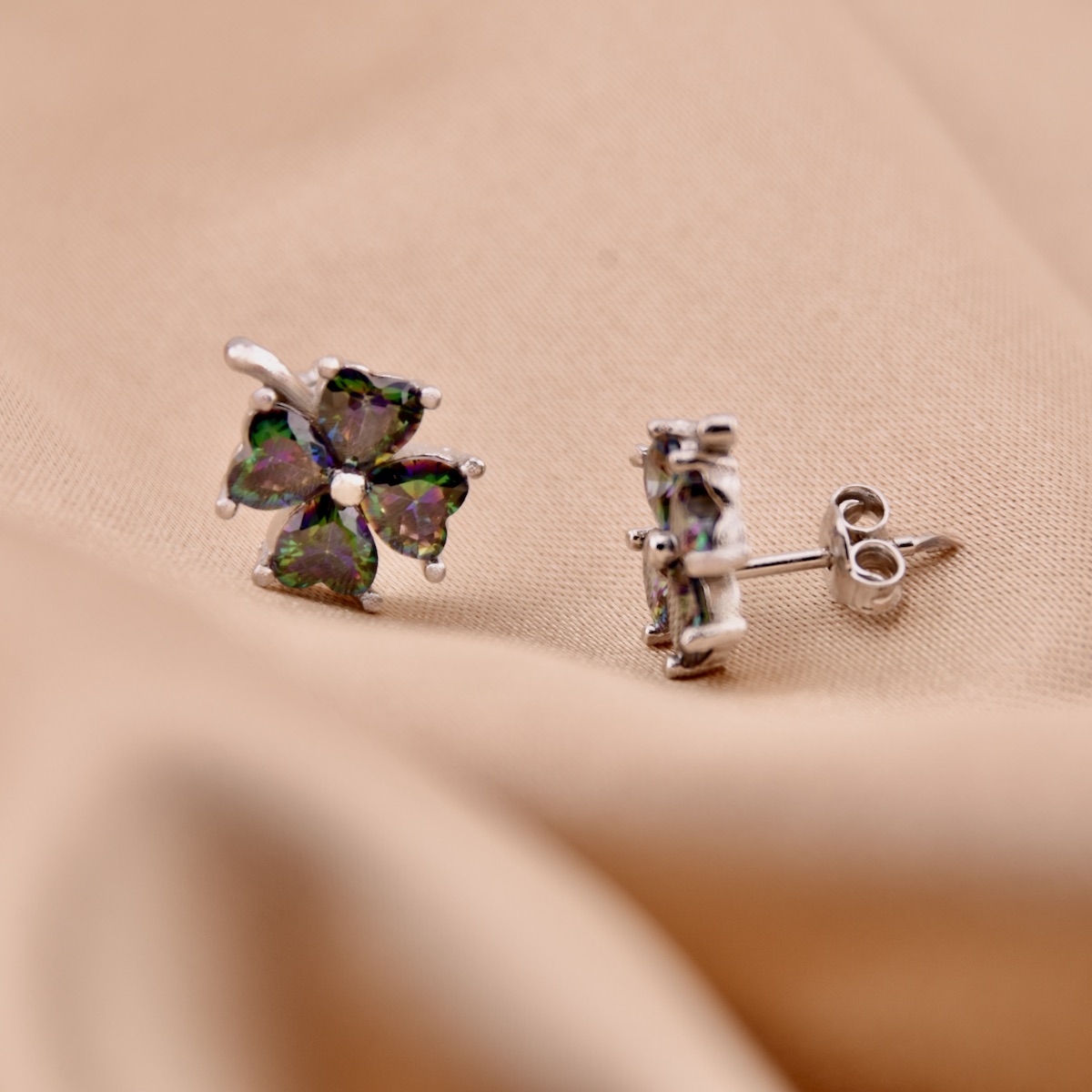 Sterling Silver 925 Four Leaf Clover Stud Earrings "Mystic Topaz" - Silver Image 2