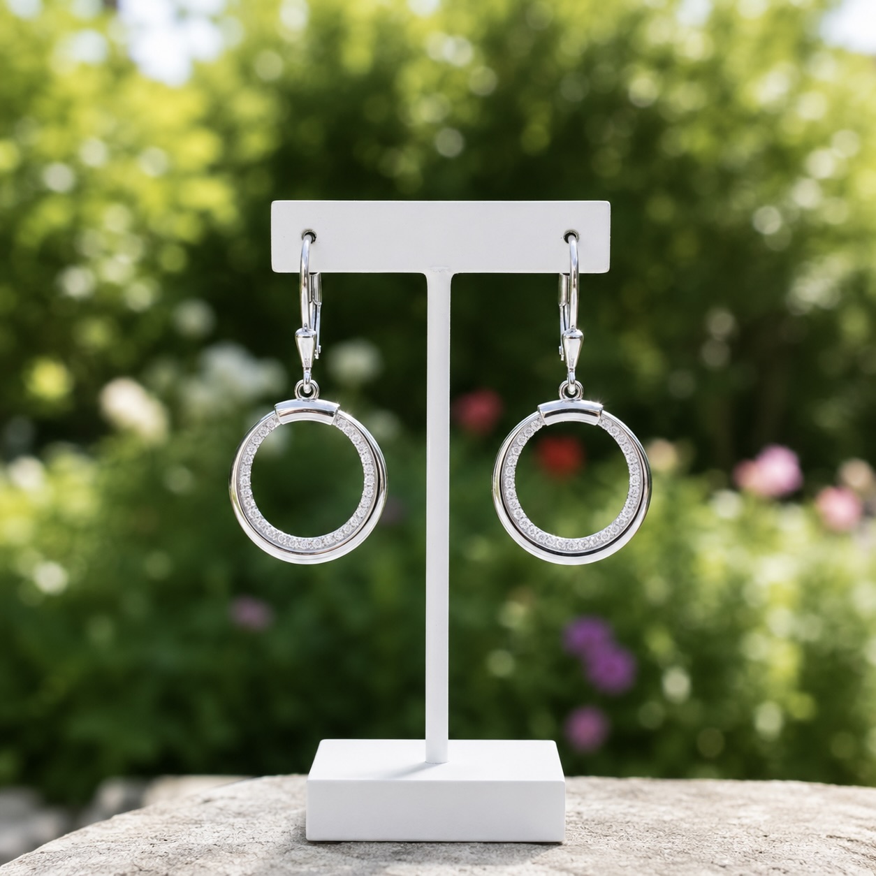 Sterling Silver 925 CZ Open Hoop Drop Earrings "Loran" - Image 2