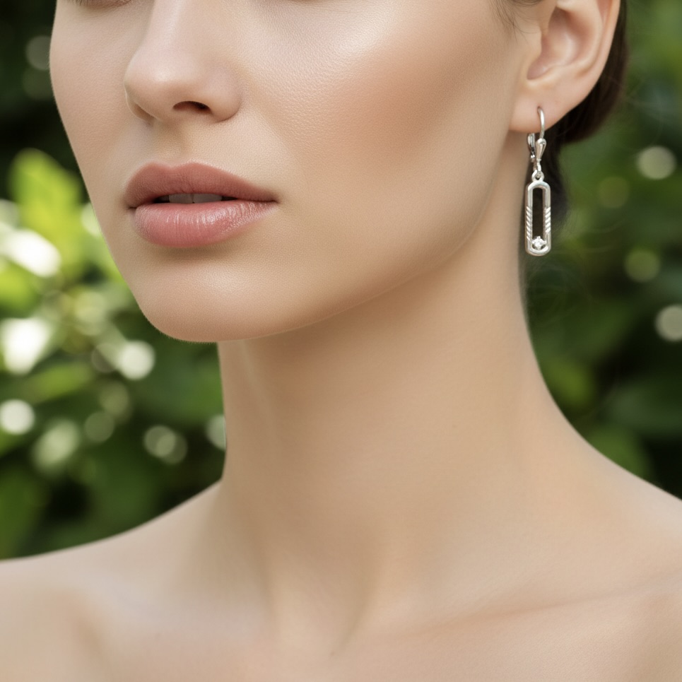 Sterling Silver 925 Rectangle CZ Drop Earrings "Linea" - Image 3