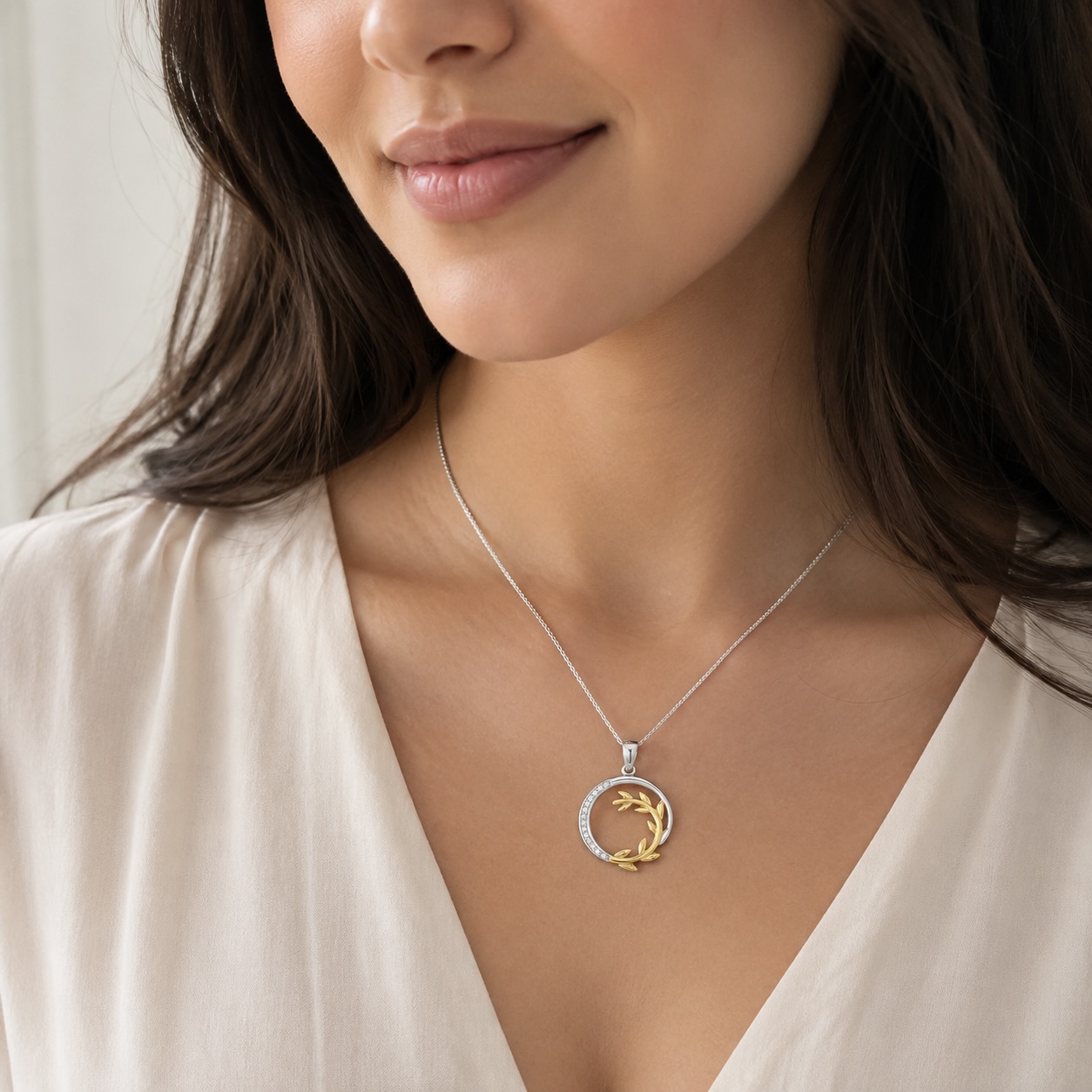 Sterling Silver 925 Gold Plated Olive Branch CZ Pendant "Olea" - Image 3