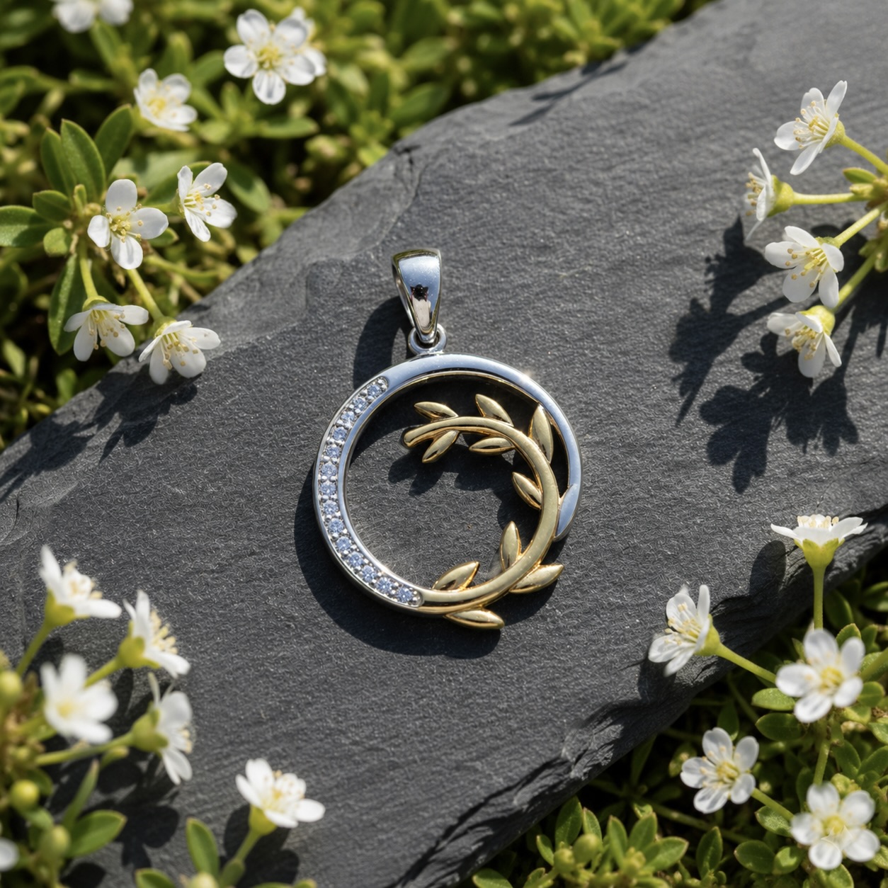 Sterling Silver 925 Gold Plated Olive Branch CZ Pendant "Olea" - Image 2