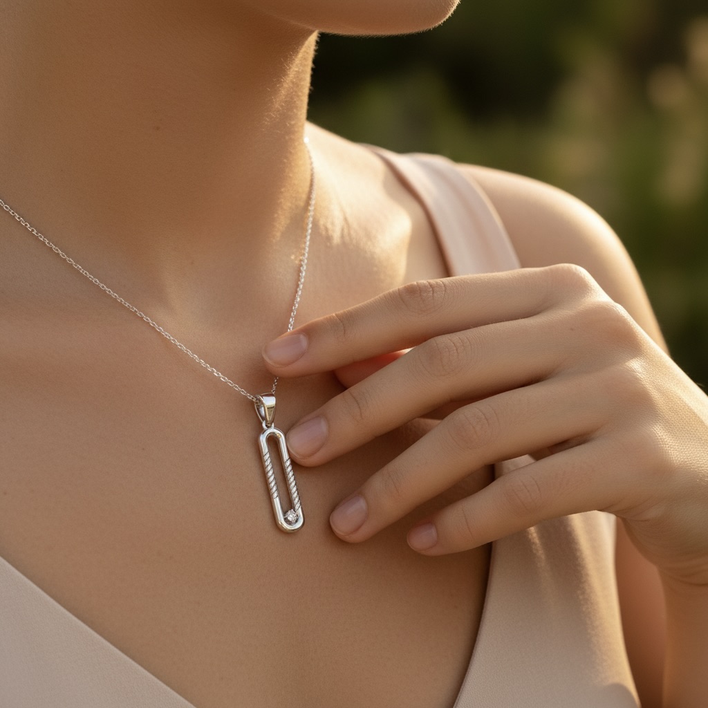 Sterling Silver 925 Rectangular Open CZ Pendant "Linea" - Image 3
