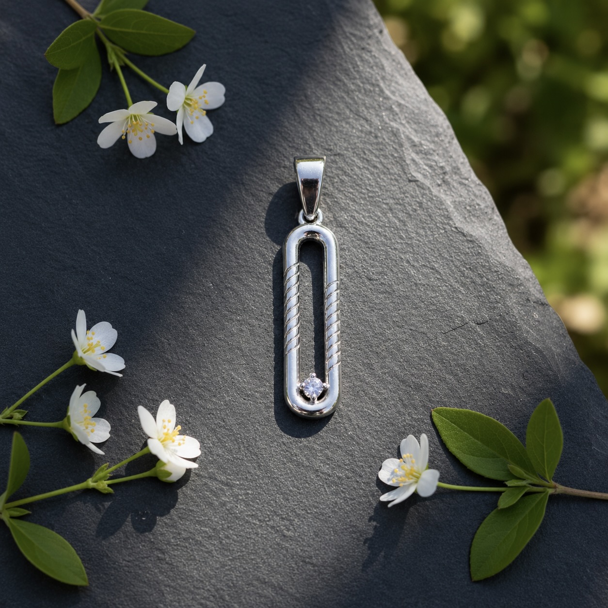 Sterling Silver 925 Rectangular Open CZ Pendant "Linea" - Image 2