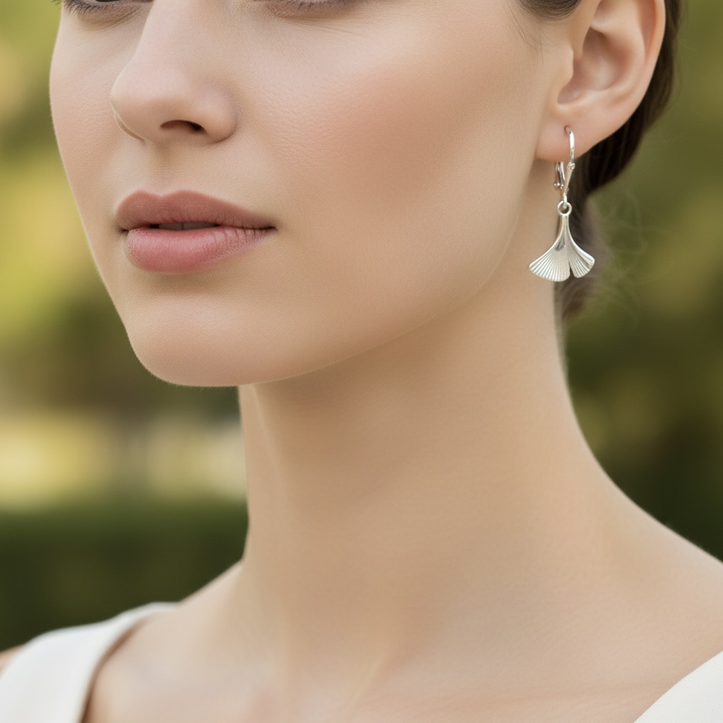 Sterling Silver 925 Fan Leaf Drop Earrings "Flabel" - Image 3