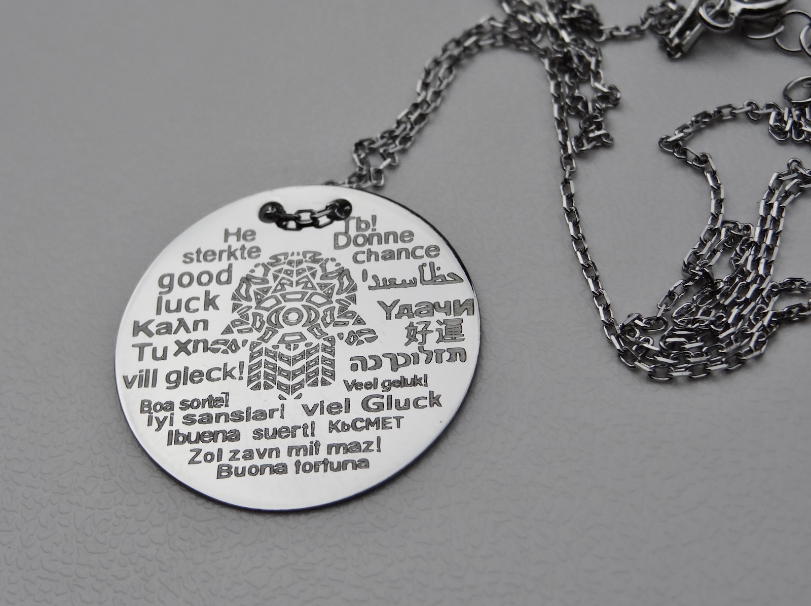 Sterling Silver 925 Multilingual Pendant Necklace "Good Luck" - Silver Image 2