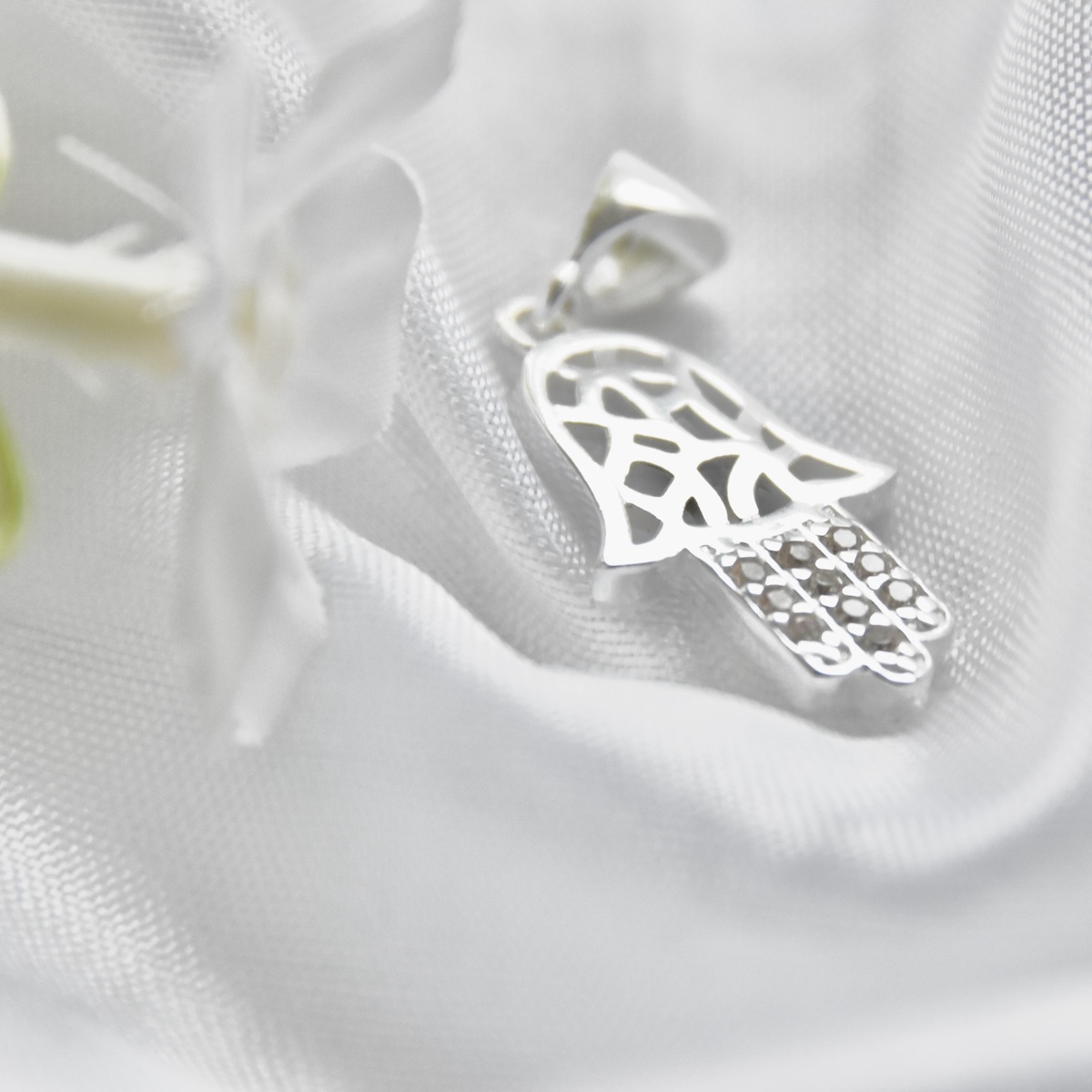 Sterling Silver 925 Hamsa CZ Pendant "Blessed Hand" - Silver Image 2