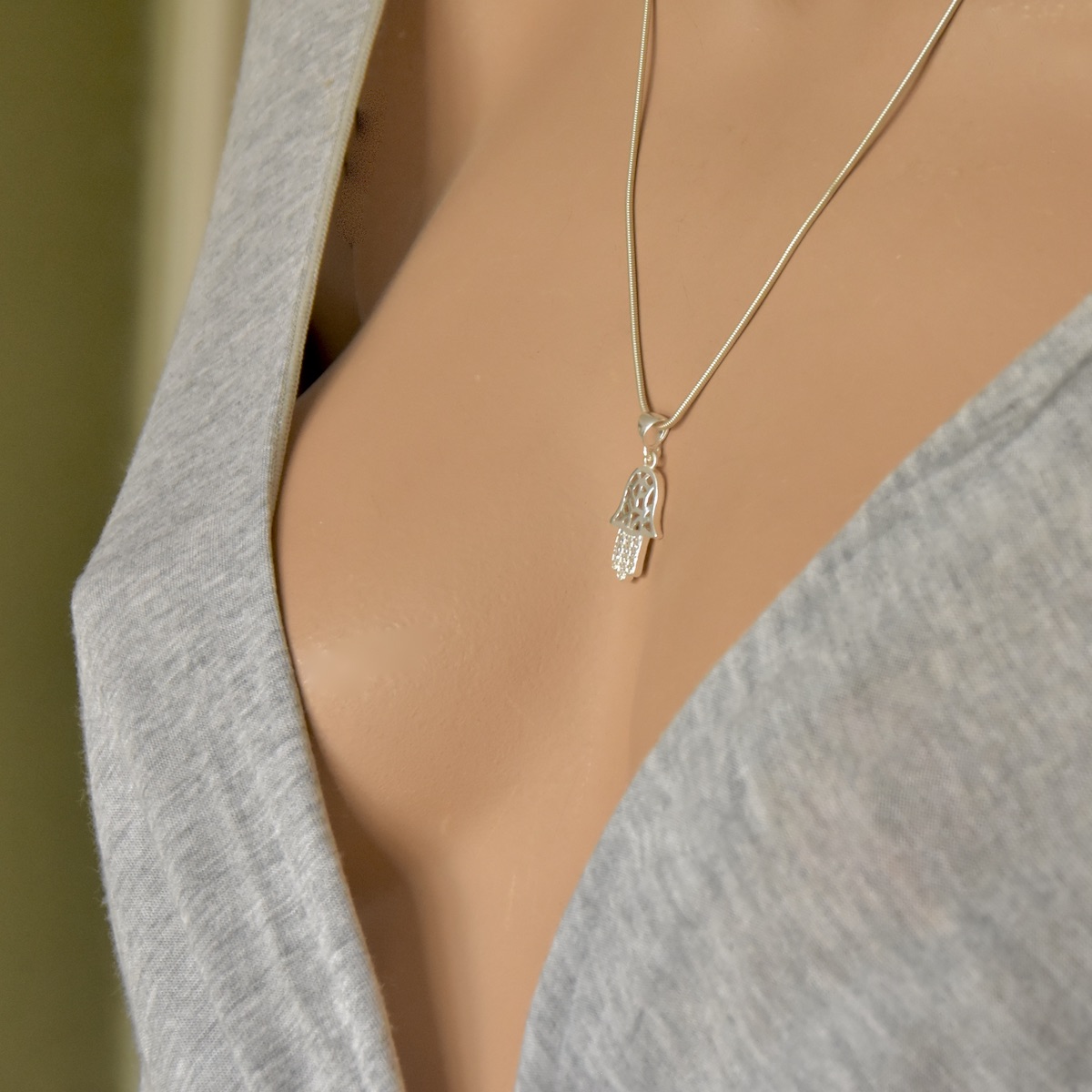 Sterling Silver 925 Hamsa CZ Pendant "Blessed Hand" - Silver Image 4