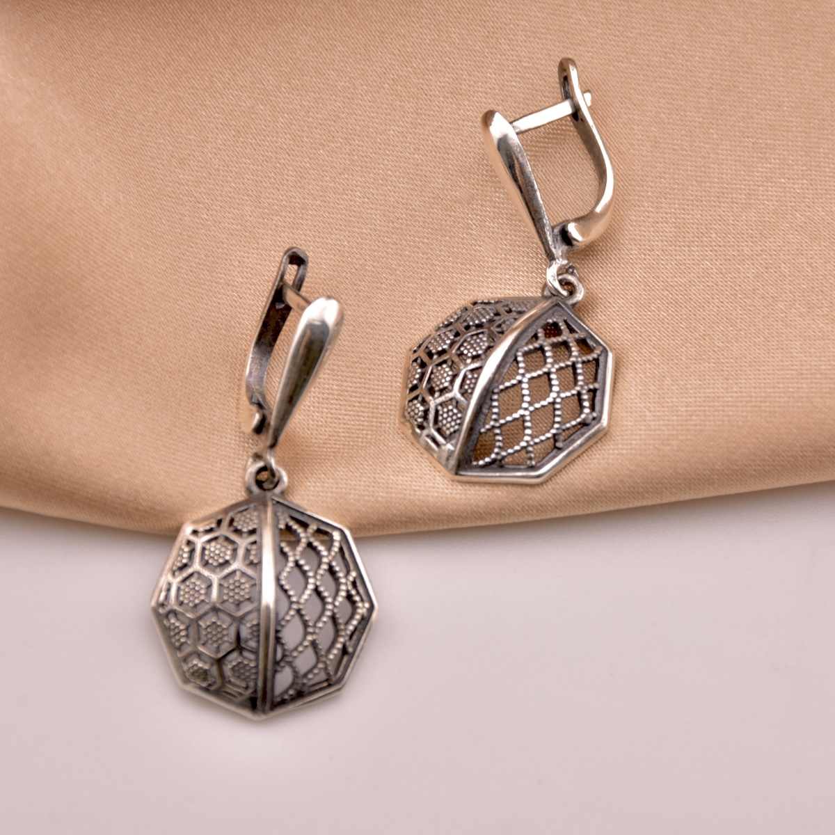 Sterling Silver 925 Openwork Octagon Dangle Earrings "Enigma" - Silver Image 2