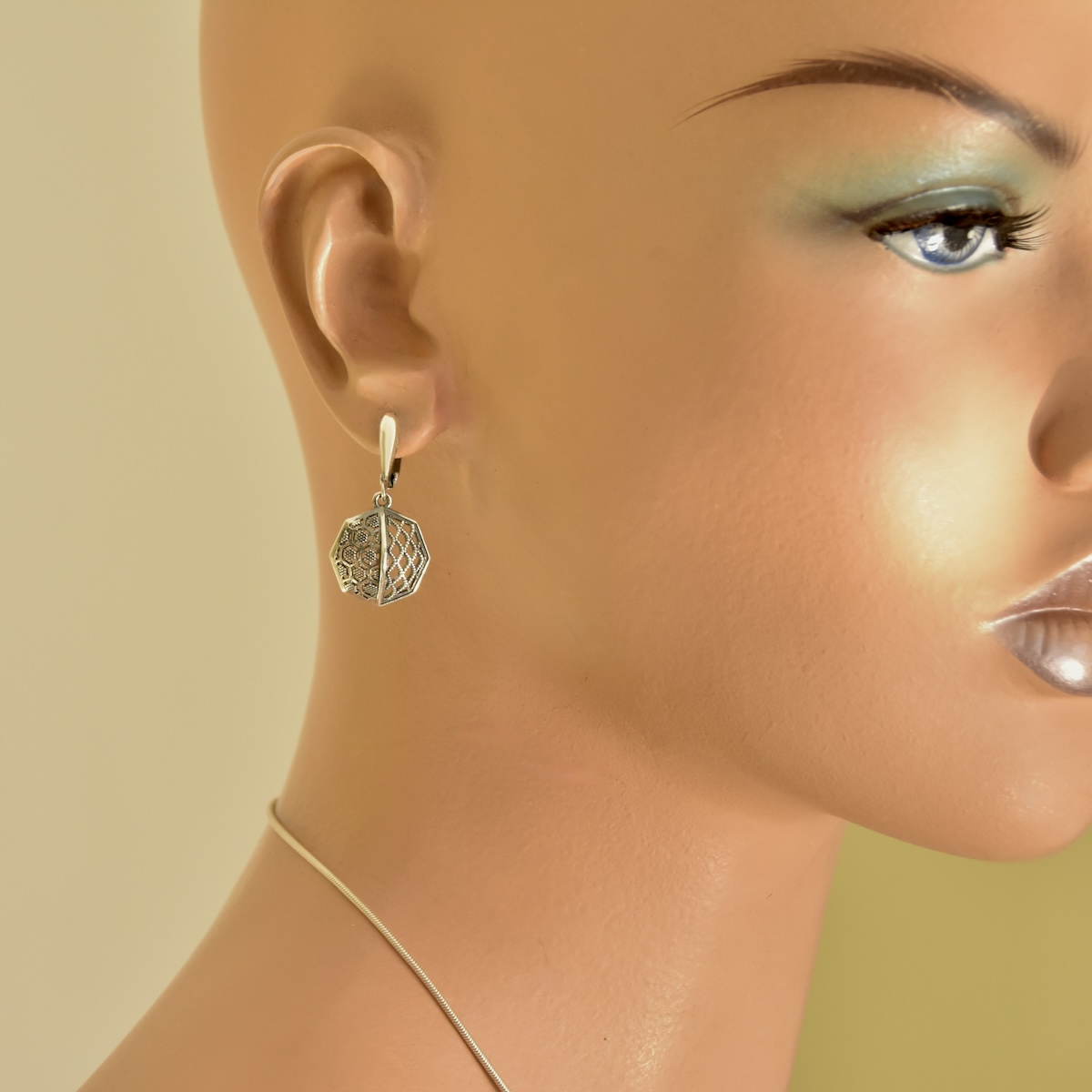 Sterling Silver 925 Openwork Octagon Dangle Earrings "Enigma" - Silver Image 3