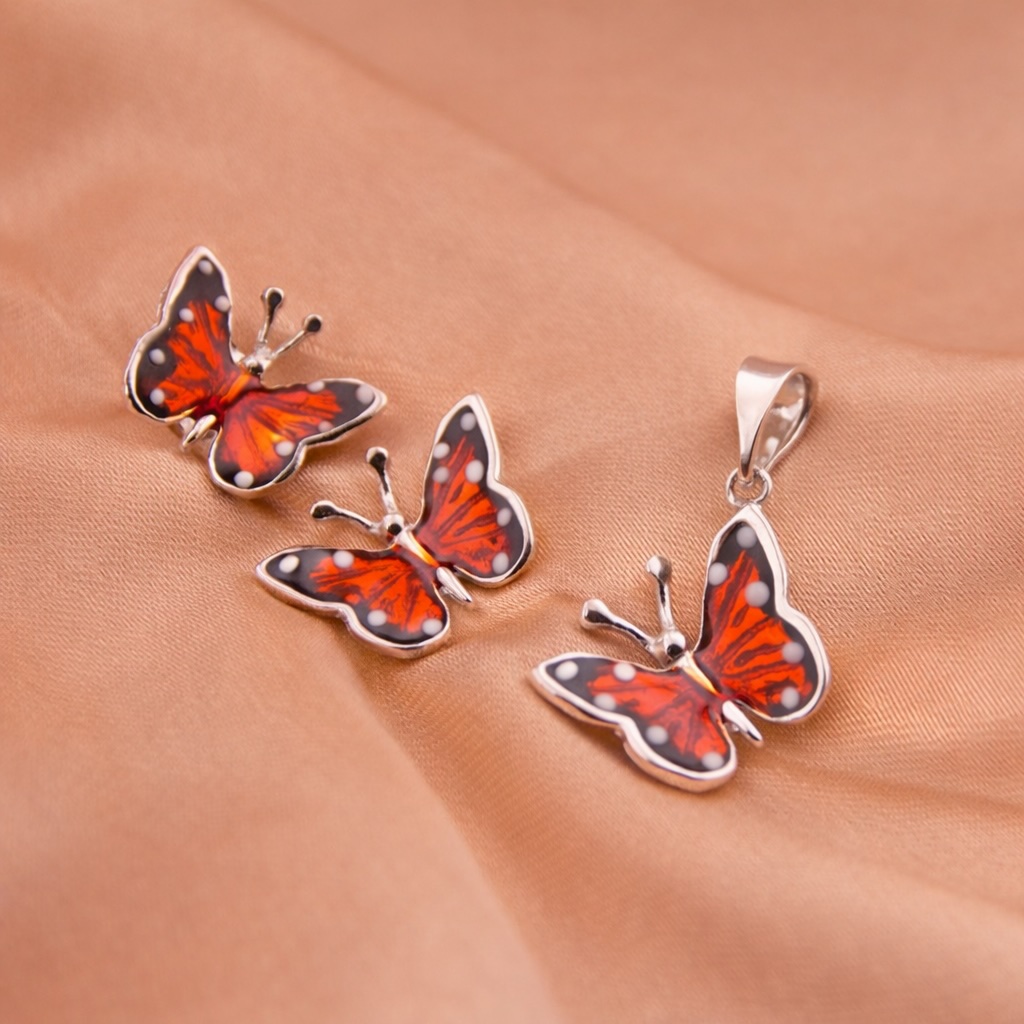 Sterling Silver 925 Red Enamel Butterfly Jewellery Set "Azalea" - Silver Image 2