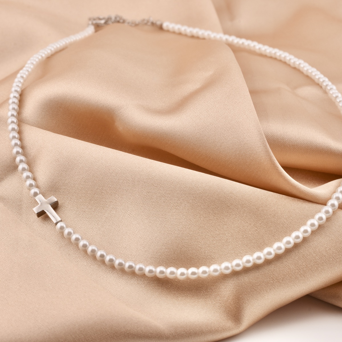 Sterling Silver 925 Pearl Beaded Cross Necklace "Ivory" - Silver Image 2