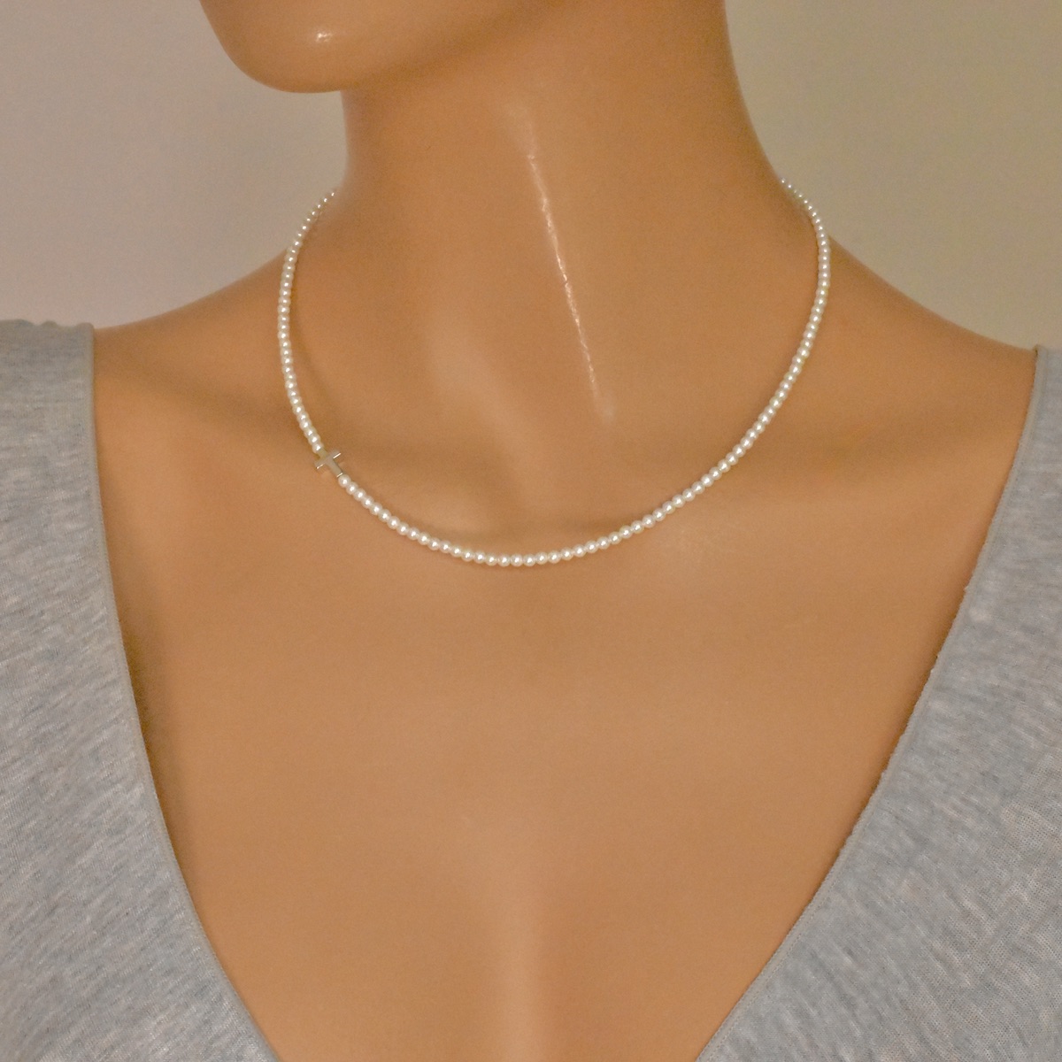 Sterling Silver 925 Pearl Beaded Cross Necklace "Ivory" - Silver Image 3