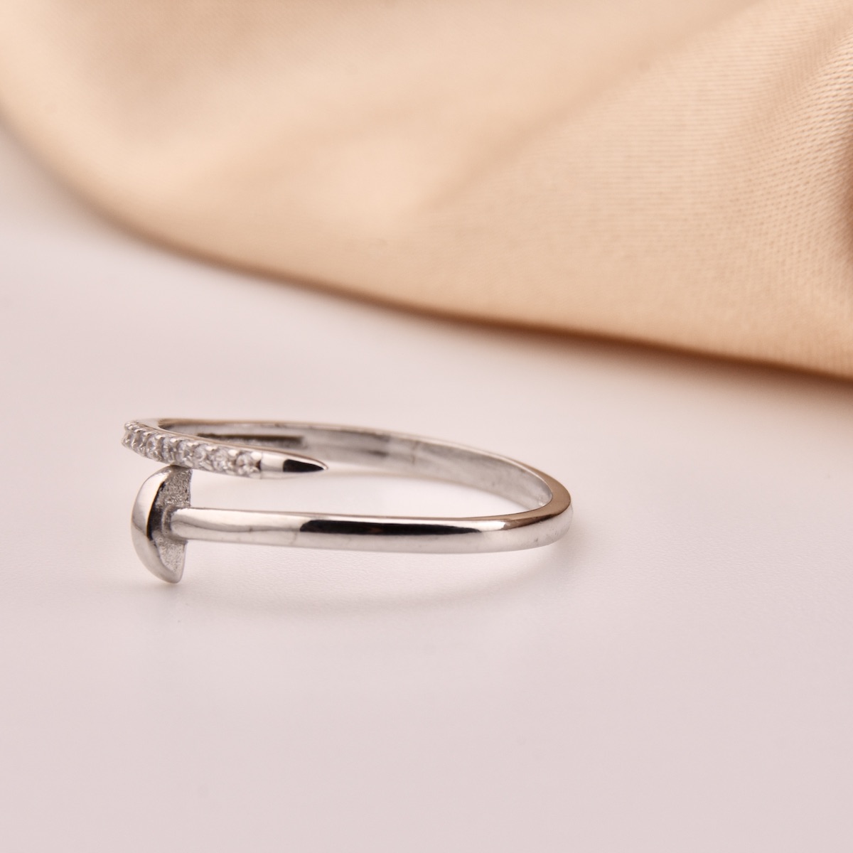 Sterling Silver 925 CZ Half Nail Adjustable Open Ring "L'ouvert" - Silver Image 3