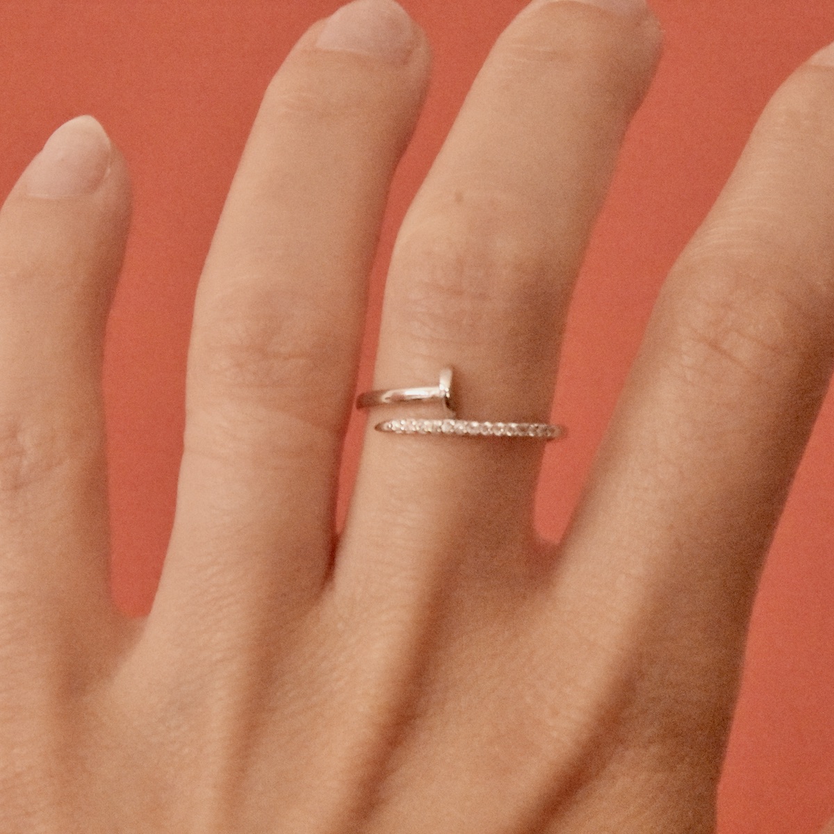 Sterling Silver 925 CZ Half Nail Adjustable Open Ring "L'ouvert" - Silver Image 4