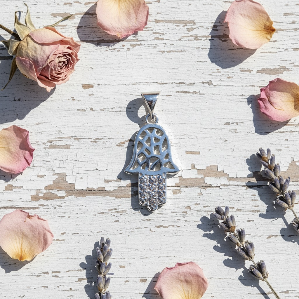 Sterling Silver 925 Hamsa CZ Pendant "Blessed Hand" - Image 2