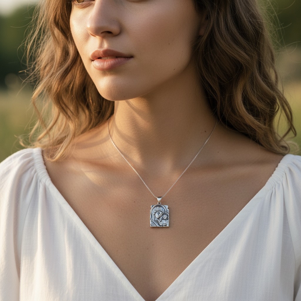 Sterling Silver 925 Virgin Mary and Child Pendant "Holy Icon" - Image 3