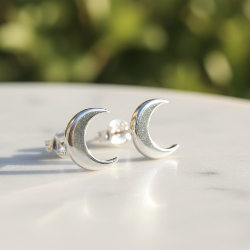 Sterling Silver 925 Moon Stud Earrings "Good Night" - Image 2