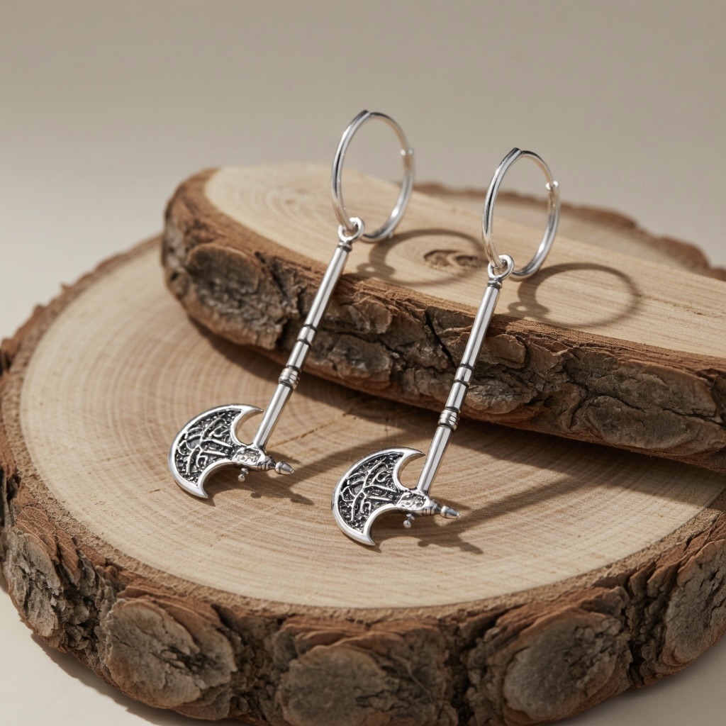 Sterling Silver 925 Viking Axe Hoop Earrings "Nord" - Image 2