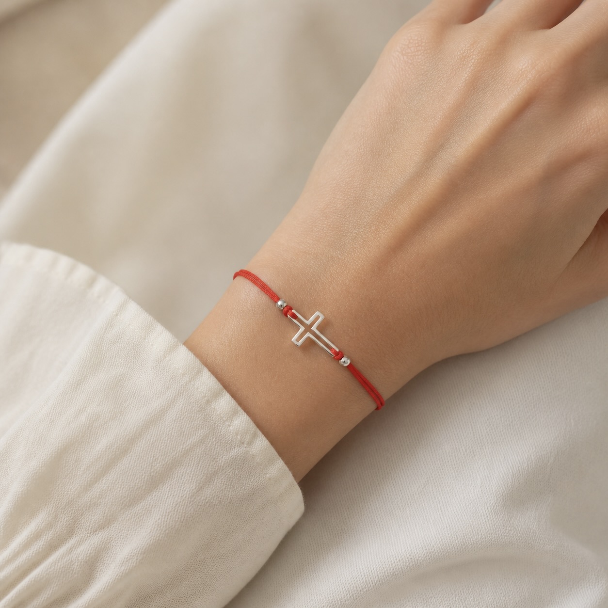 Red String Bracelet with Sterling Silver 925 Cross Charm “Grace” - Image 3