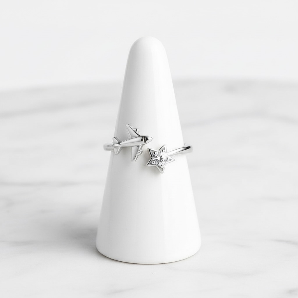 Sterling Silver 925 Airplane Star CZ Ring Adjustable Sizes "Aviara" - Image 2