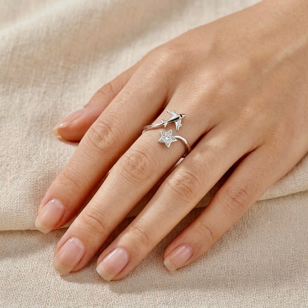 Sterling Silver 925 Airplane Star CZ Ring Adjustable Sizes "Aviara" - Image 3