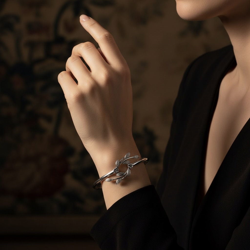 Sterling Silver 925 Bangle Open Bracelet “Leaf Whisper” - Image 3