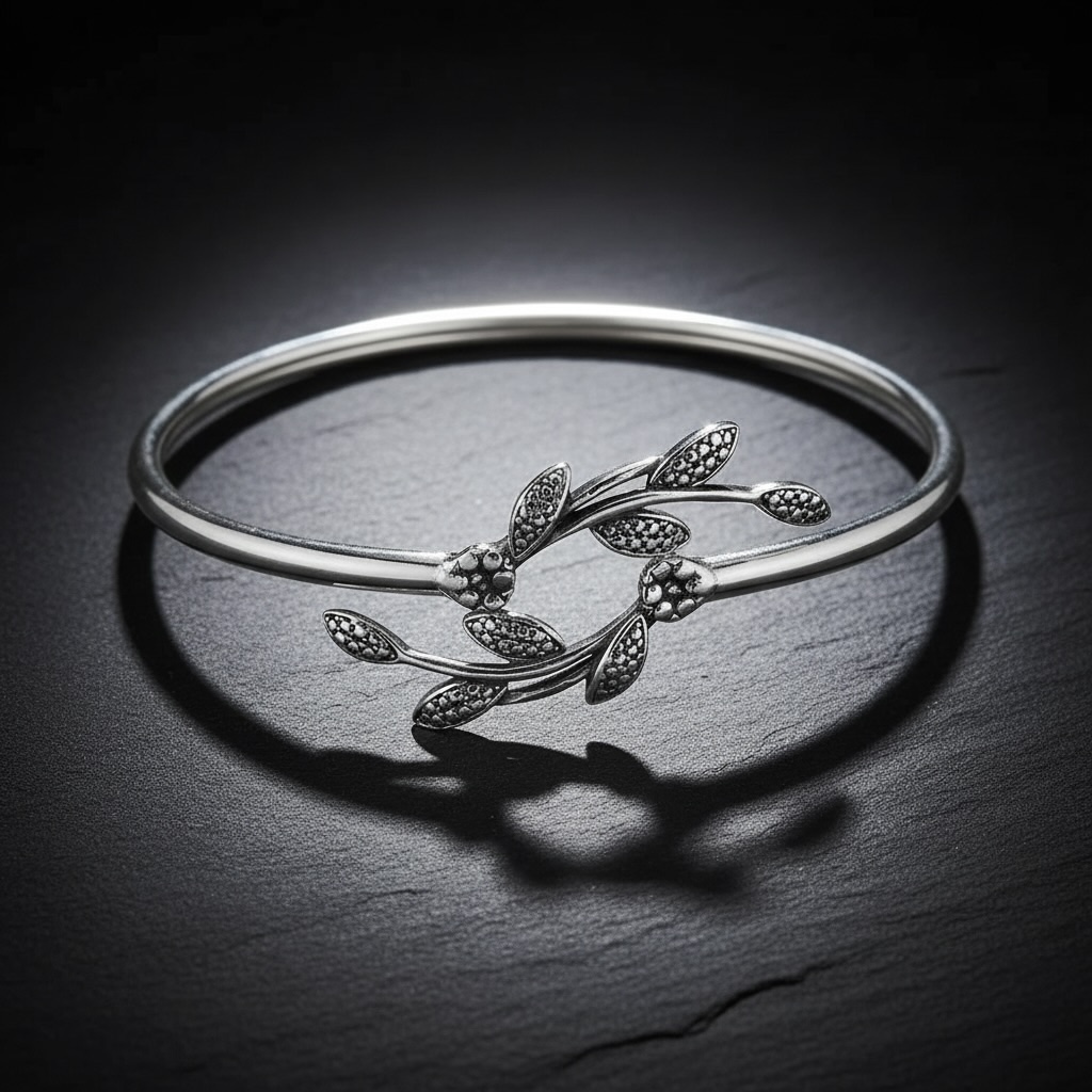 Sterling Silver 925 Bangle Open Bracelet “Leaf Whisper” - Image 2