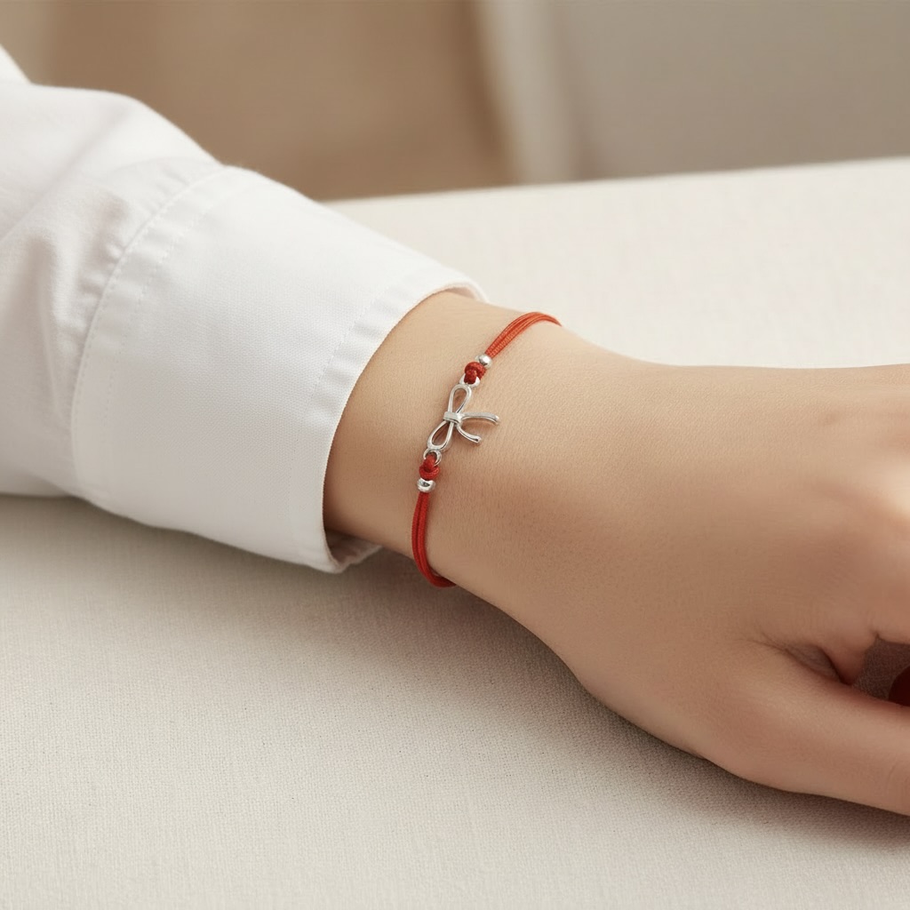 Red String Bracelet with Sterling Silver 925 Bow Charm “Little Wish” - Image 3