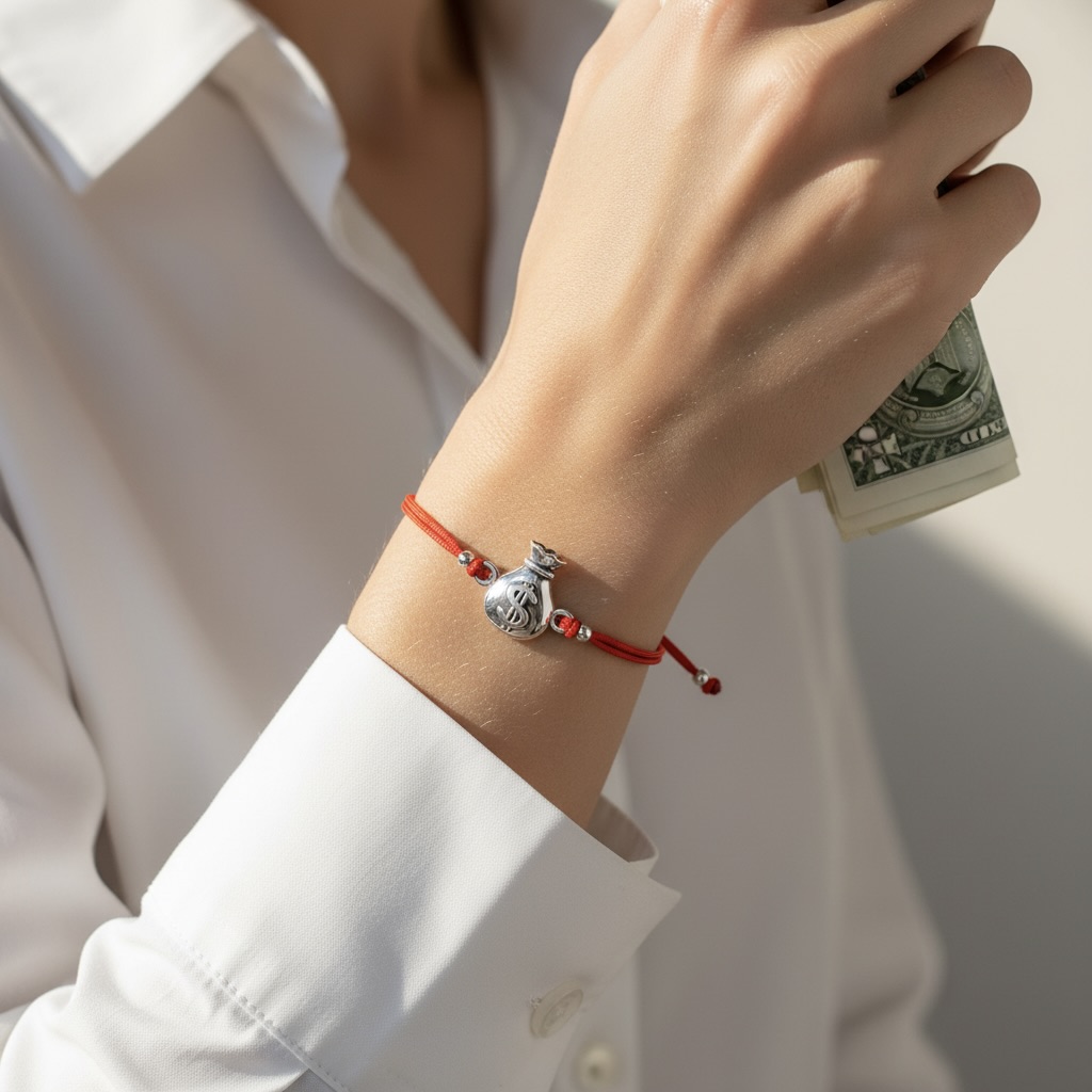 Red String Bracelet with Sterling Silver 925 Money Bag Charm “Good Fortune” - Image 3