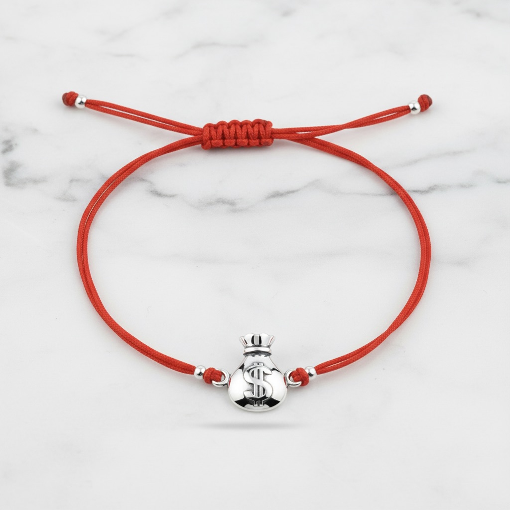Red String Bracelet with Sterling Silver 925 Money Bag Charm “Good Fortune” - Image 2