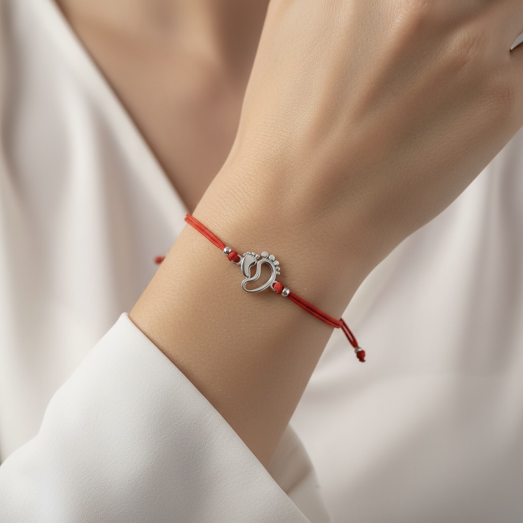 Red String Bracelet with Sterling Silver 925 Baby Feet Charm “First Steps” - Image 3