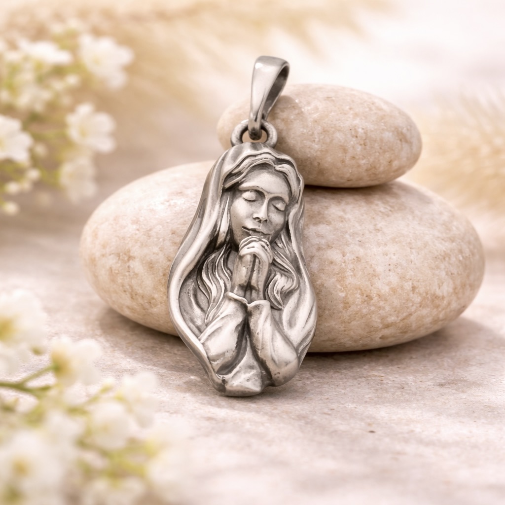 Sterling Silver 925 Virgin Mary Religious Pendant “Prayer” - Image 2