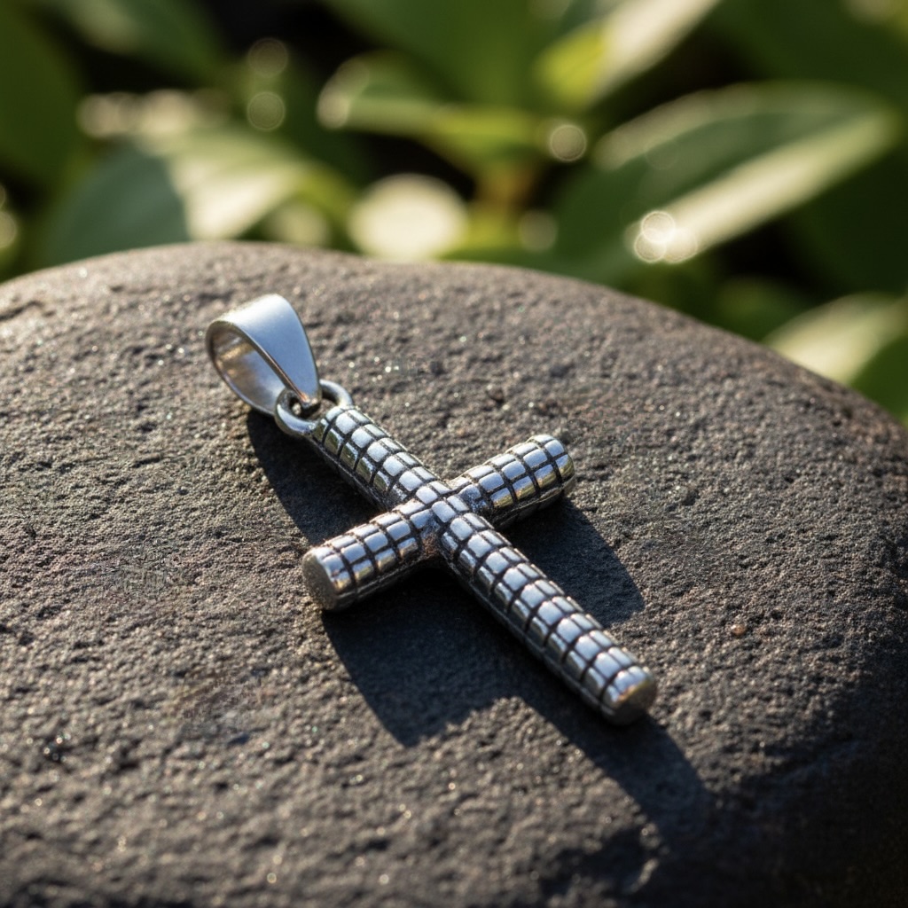 Sterling Silver 925 Textured Cross Unisex Pendant "Etch" - Image 2