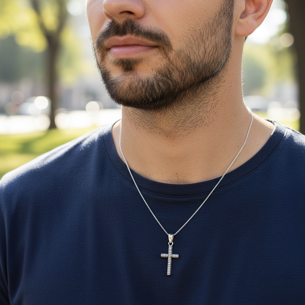 Sterling Silver 925 Textured Cross Unisex Pendant "Etch" - Image 3