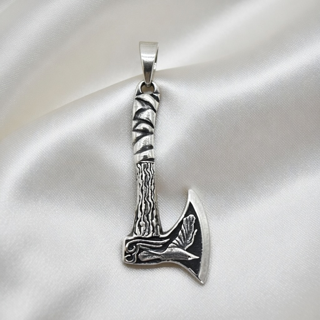 Sterling Silver 925 Viking Axe Unisex Pendant "Hrafn" - Silver Image 2