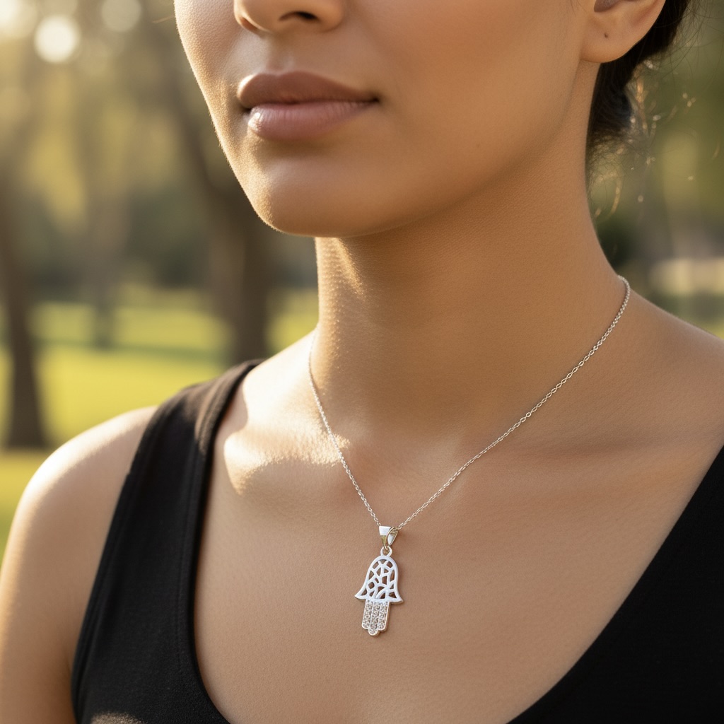 Sterling Silver 925 Hamsa CZ Pendant "Blessed Hand" - Image 3