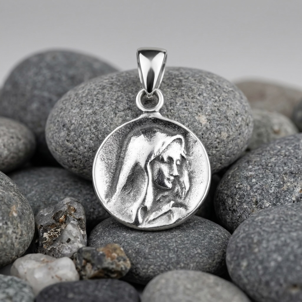 Sterling Silver 925 Virgin Mary Round Pendant "Madonna" - Image 2