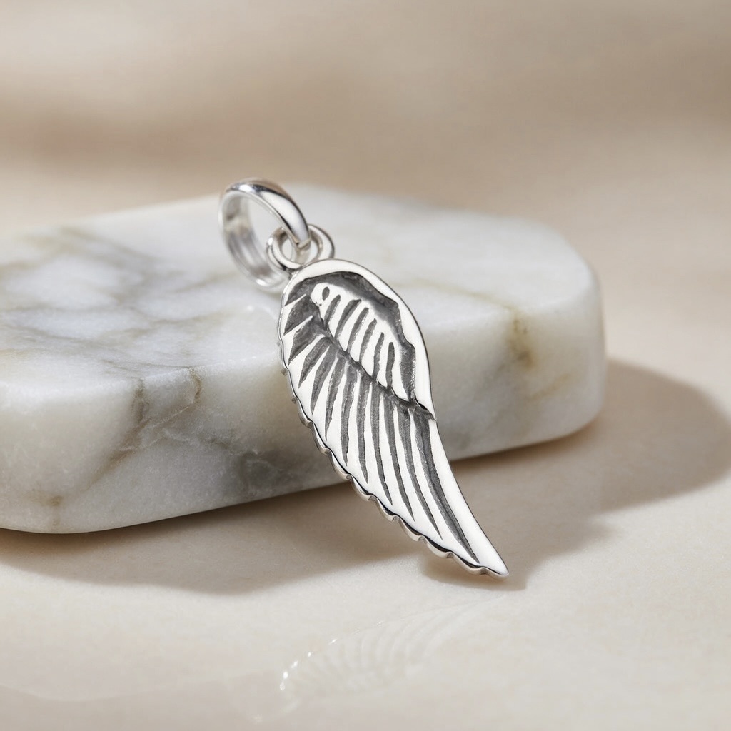 Sterling Silver 925 Single Angel Wing Pendant "Feather" - Image 2