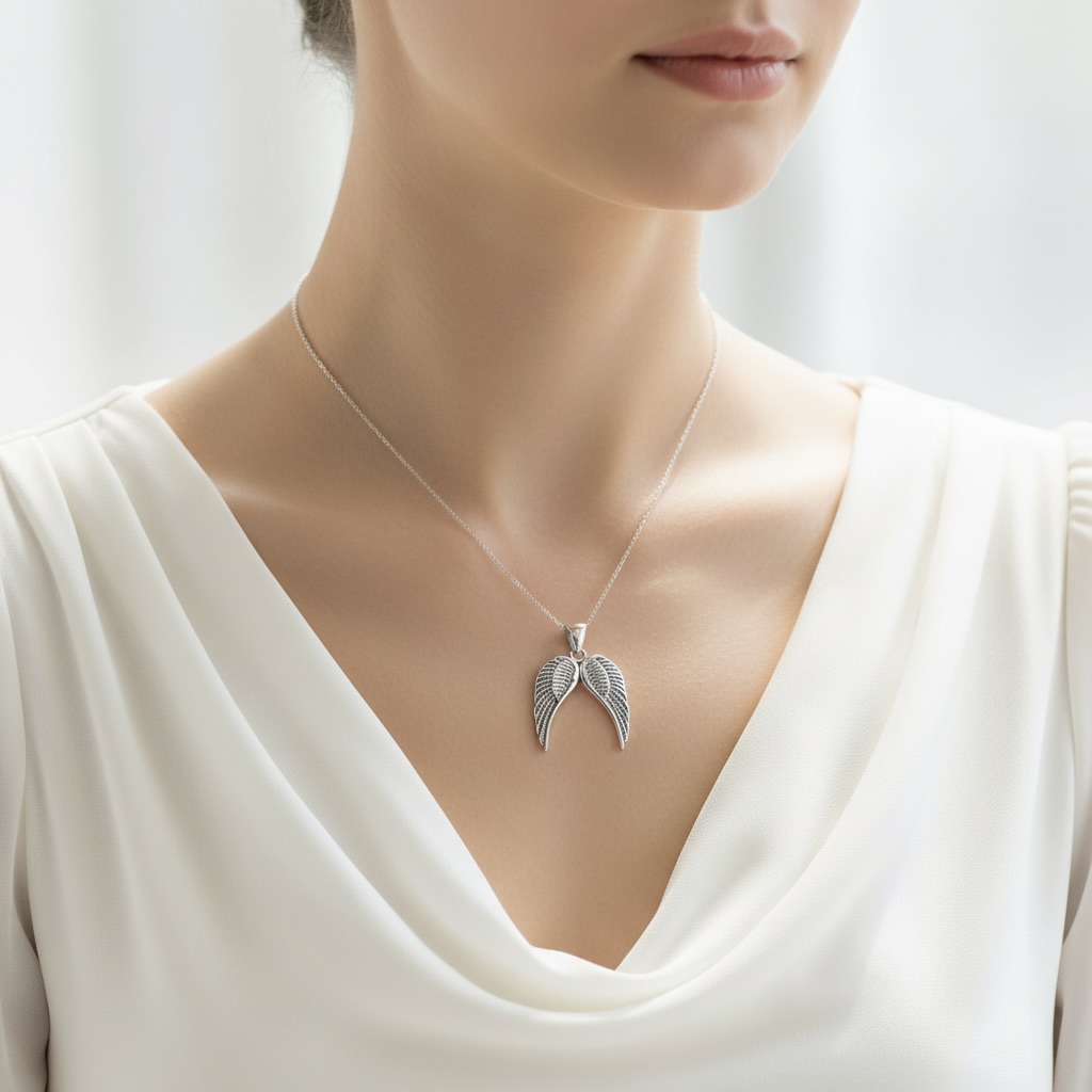 Sterling Silver 925 Double Angel Wing Pendant "Feather" - Image 3