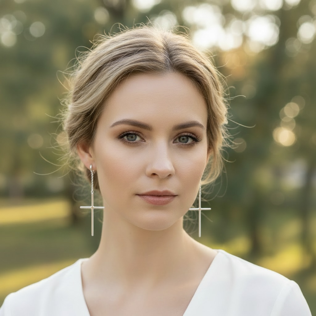 Sterling Silver 925 Cross Chain Drop Earrings "Grace" - Image 4