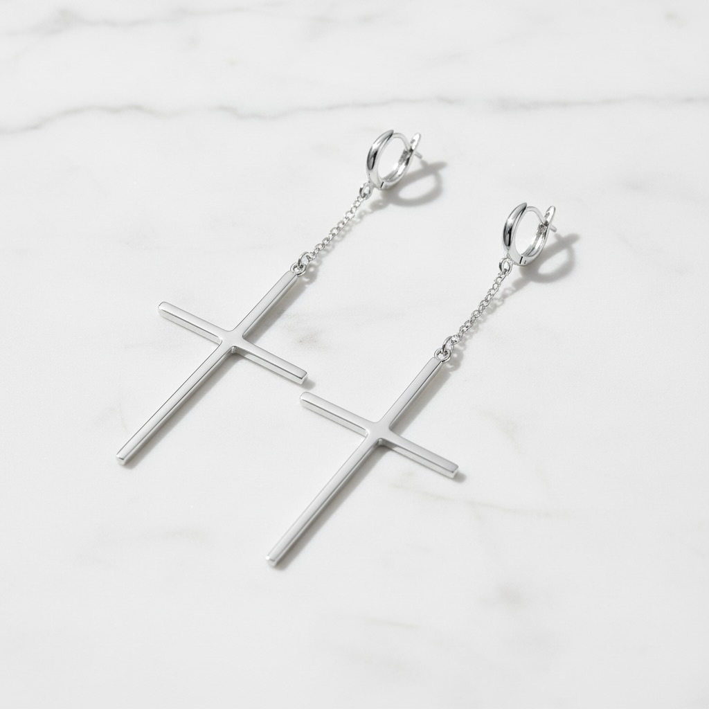 Sterling Silver 925 Cross Chain Drop Earrings "Grace" - Image 3
