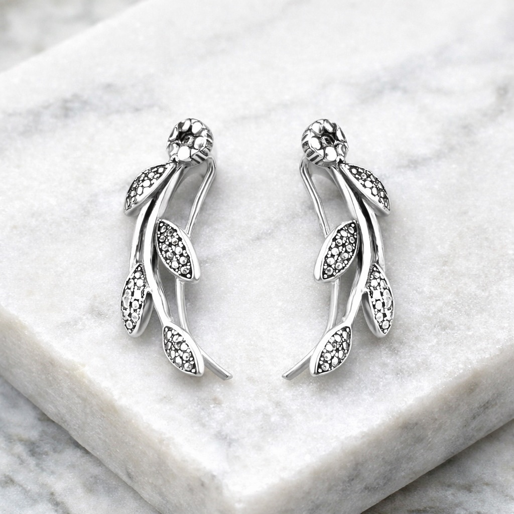 Sterling Silver 925 Climber Earrings "Leaf Whisper" - Image 2