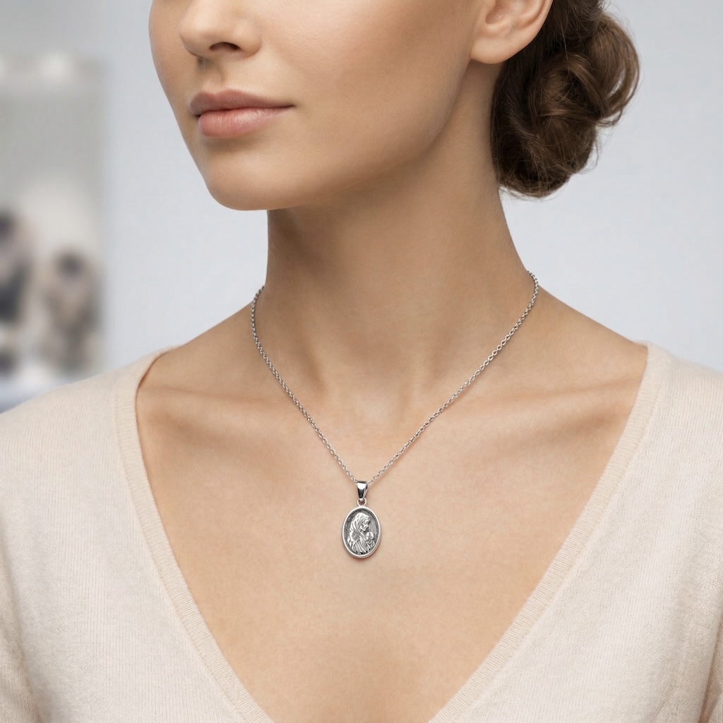 Sterling Silver 925 Virgin Mary Oval Pendant "Holy Embrace" - Image 3