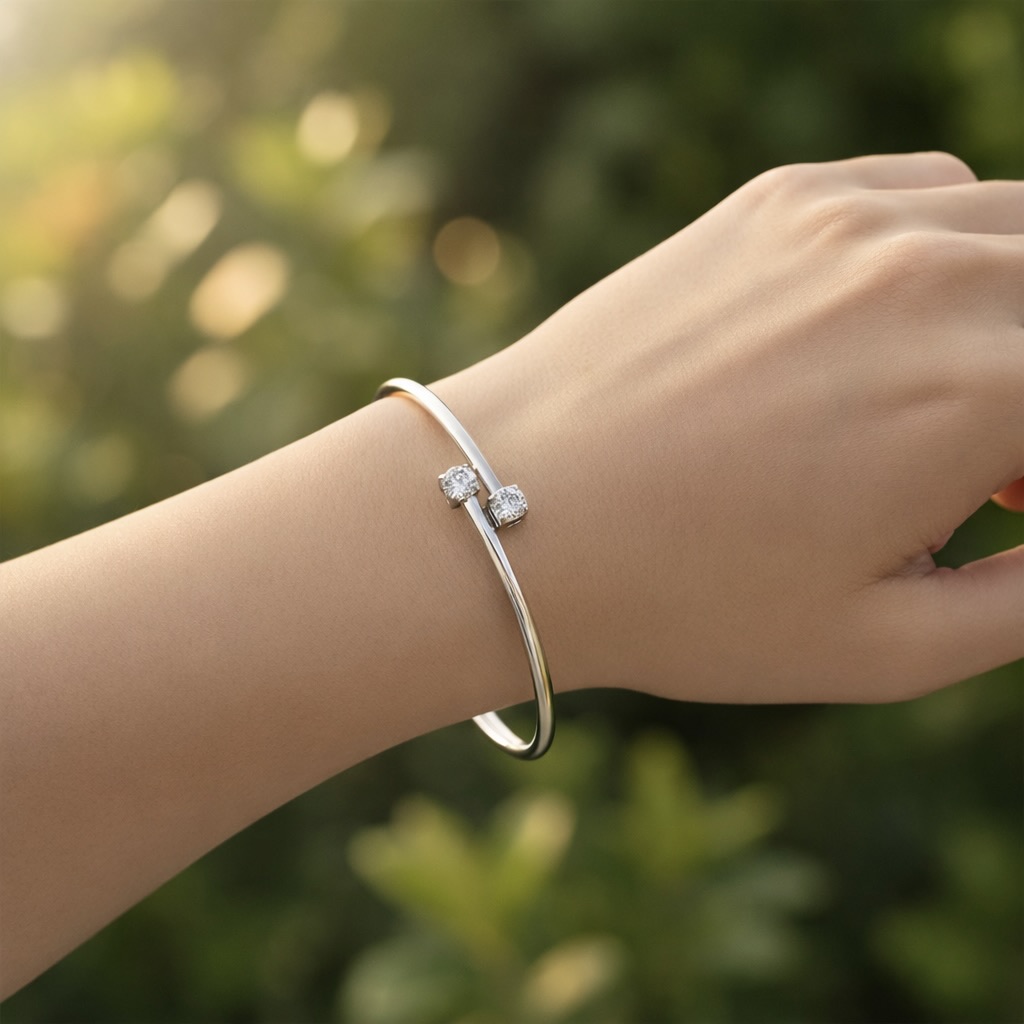 Sterling Silver 925 Minimalist CZ Bangle Bracelet “Dual Spark” - Image 3